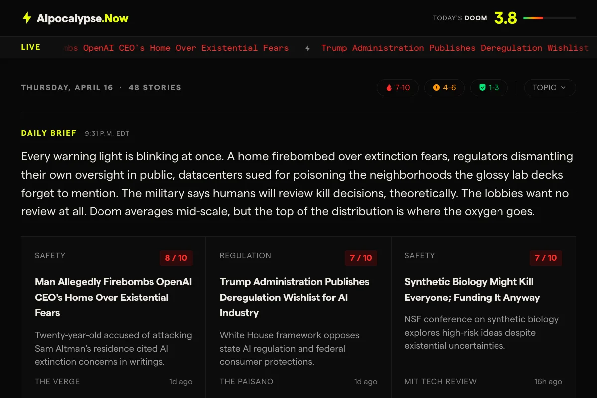 Dark-themed news dashboard showing a doom score of 3.8, a red headline ticker, and three story cards with severity ratings