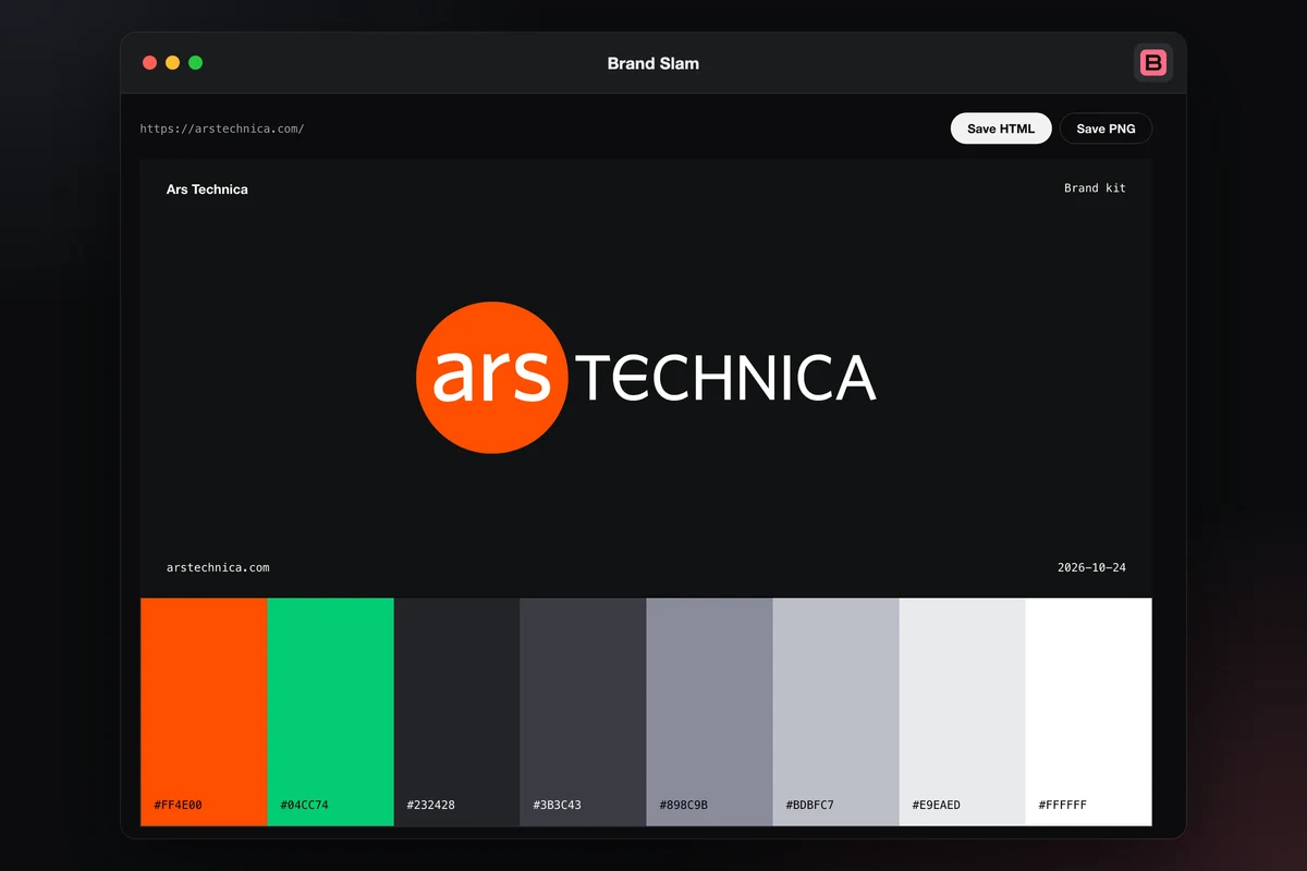 A dark window titled Brand Slam with the pink B icon in its corner. Inside, a brand kit for Ars Technica shows the orange ars TECHNICA logo on a dark panel, with Save HTML and Save PNG buttons above it. Below the logo, a row of eight colour swatches runs from orange and green through greys to white, each labelled with its hex code.
