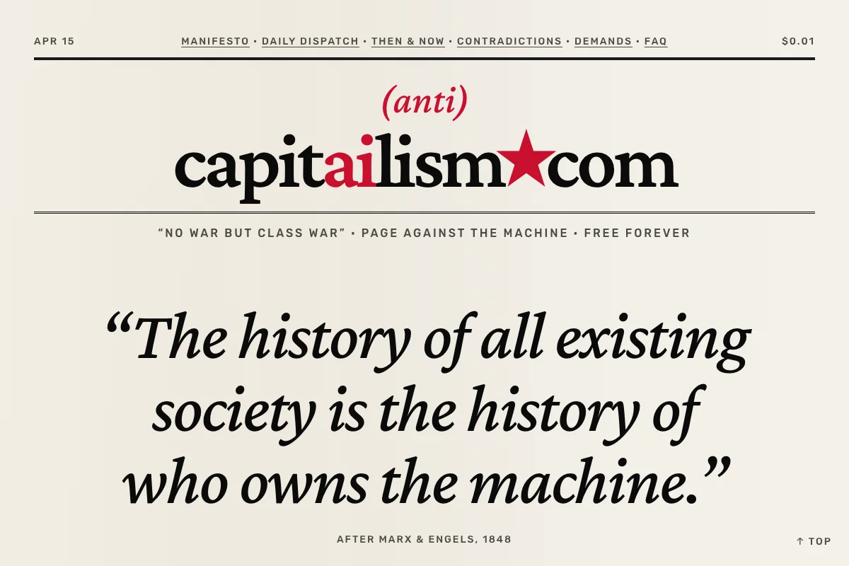 Editorial landing page with a red star logo, the capitailism.com logotype, navigation links, and a large italic serif quote