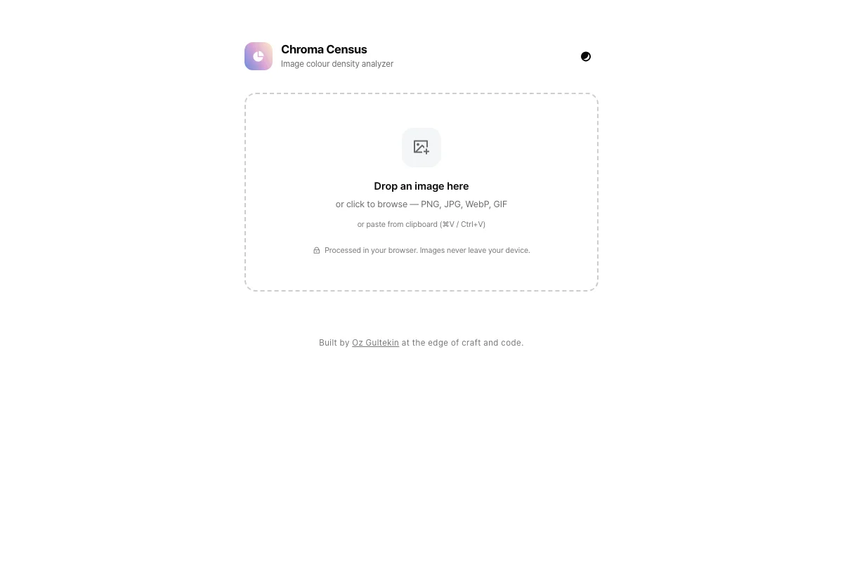 Minimal white page with a dashed-border drag-and-drop zone for uploading an image to analyse its colour distribution