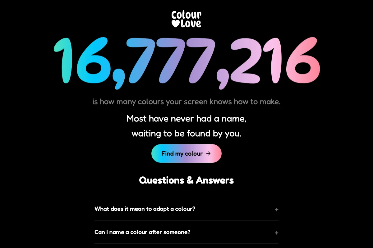 Black landing page with a large gradient number 16,777,216 shifting from cyan to pink, a pastel Find my colour button, and a Q&A section