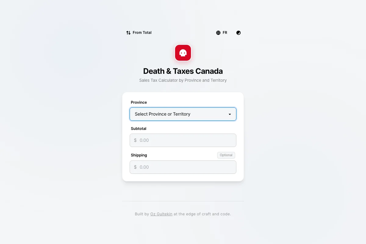 Sales tax calculator with a red robot icon, a province dropdown, subtotal and shipping inputs, and toggles for reverse calculation, French, and dark mode