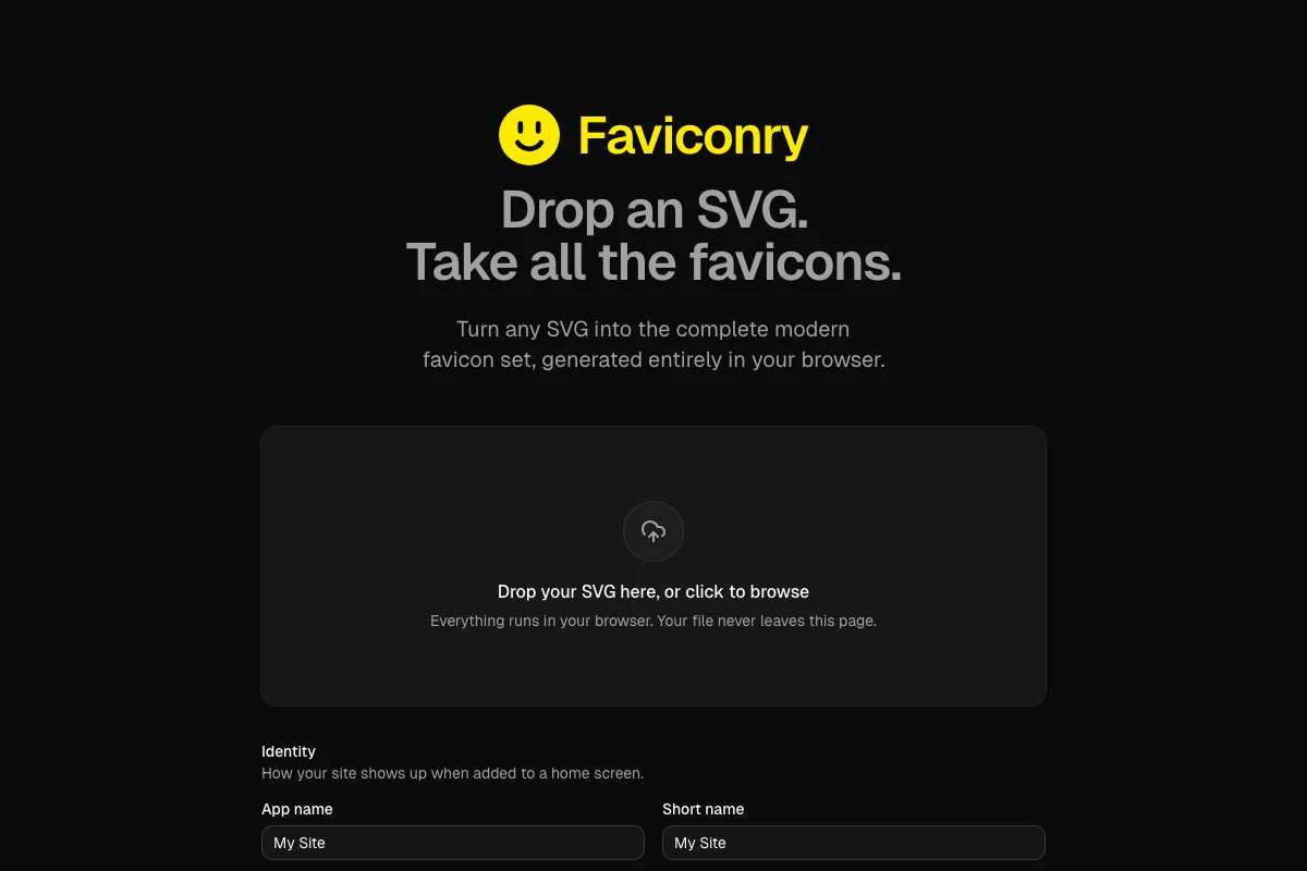 Dark-background favicon generator with a yellow smiley icon, a dashed SVG drop zone, and app name configuration fields below