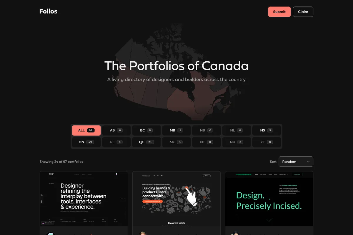 Dark page with the Folios wordmark, Submit and Claim buttons, and the headline The Portfolios of Canada over a faint map of Canada. Below, a grid of province and territory filters with counts, a Sort menu set to Random, and the first row of portfolio screenshots.