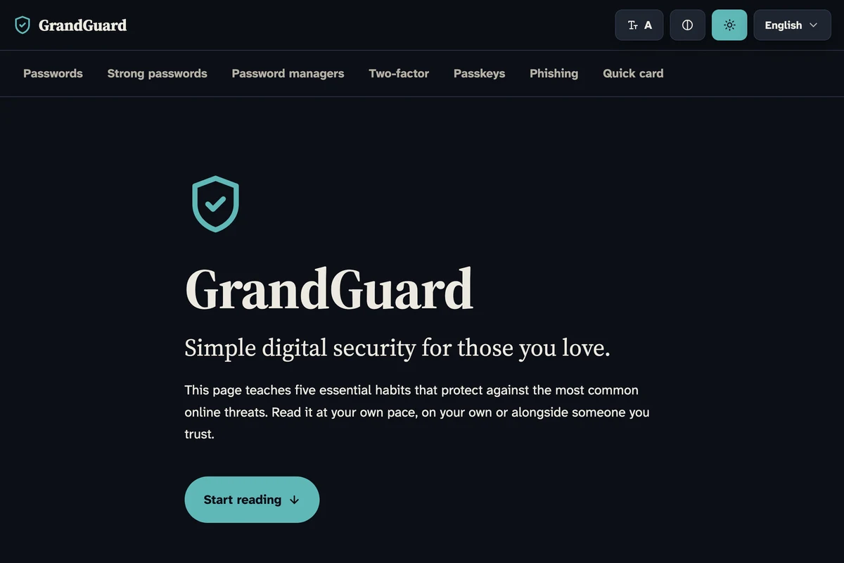 GrandGuard homepage with a teal shield wordmark, warm off-white background, and accessible typography