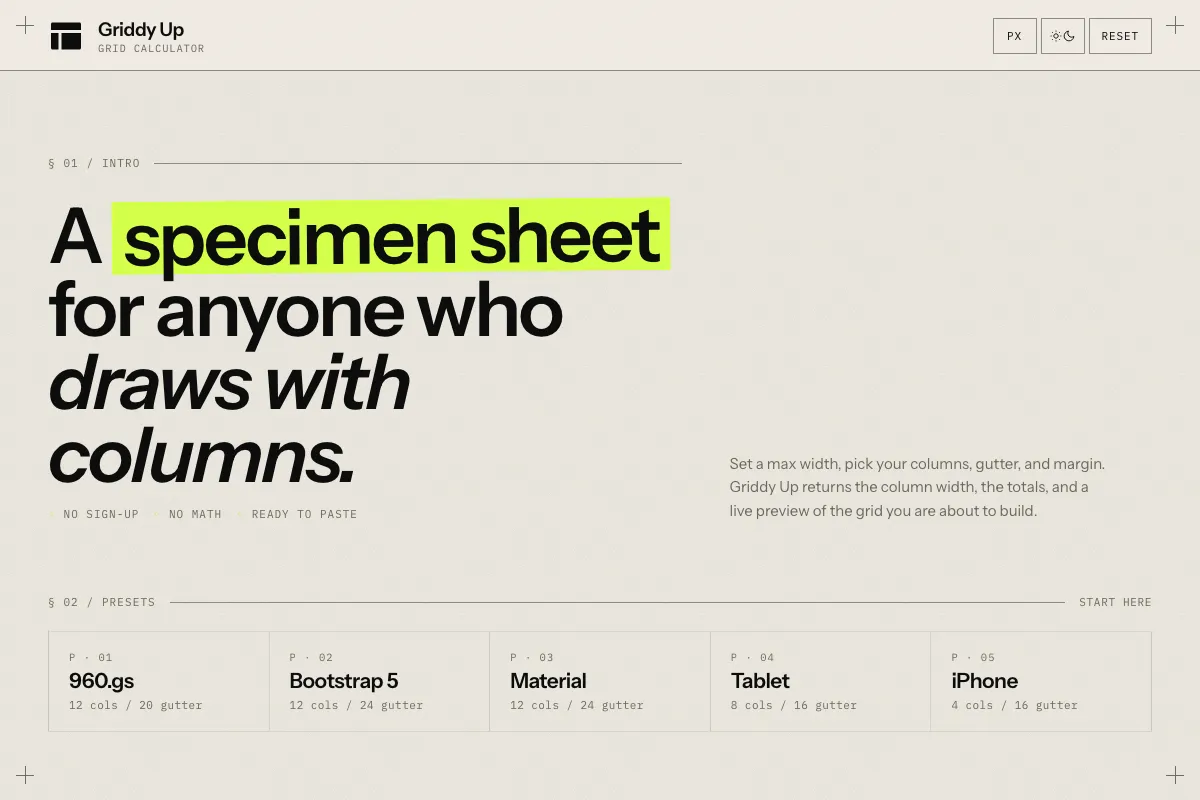 Grid calculator with four inputs on the left (max width 1200, columns 12, gutter 24, margin 24) and the computed column width displayed as a giant 74 PX numeral on the right, with content width, gutter total, and ratio underneath
