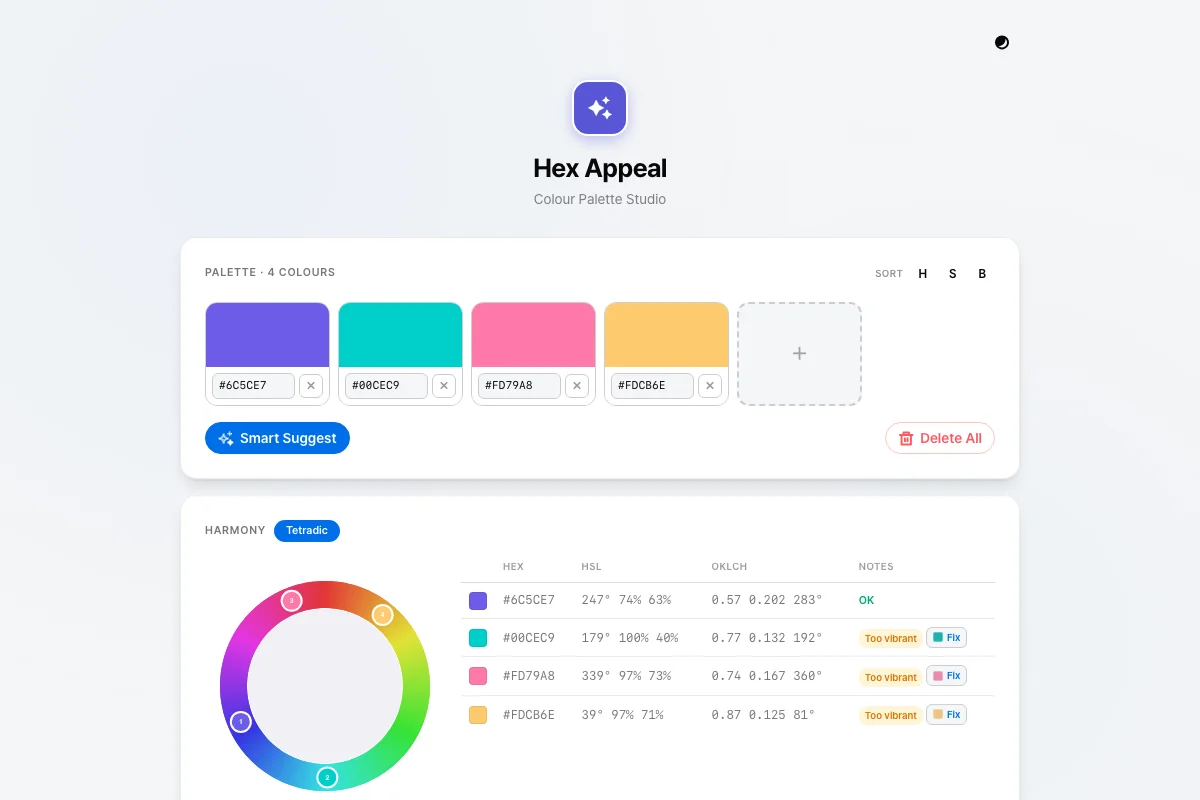 Colour palette studio with four editable swatches, a Smart Suggest button, a colour wheel showing tetradic harmony, and a data table of HEX, HSL, and OKLCH values