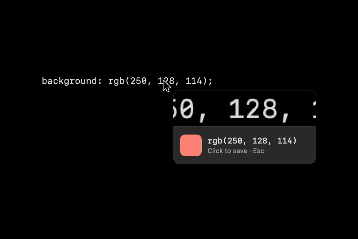 A line of CSS reading background: rgb(250, 128, 114) on a black background, with the mouse pointer over it and the HexyThing loupe below showing the magnified text, a salmon swatch and the copied value rgb(250, 128, 114)