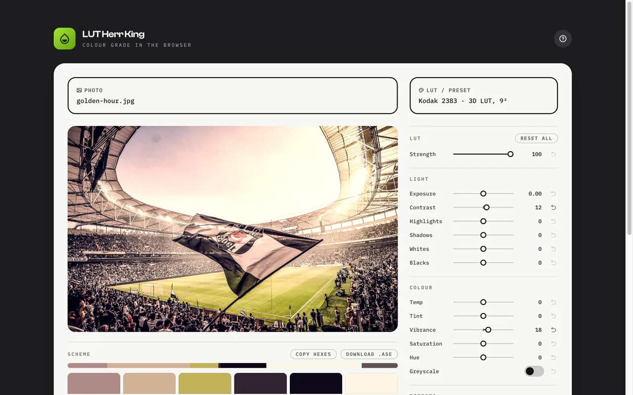 Dark page with the LUT Herr King header and a light card. A stadium crowd under a flag, graded with a warm Kodak 2383 LUT, fills the preview frame. Right-hand panel of Light, Colour and Effects sliders with a Reset all button. Below the image, a colour scheme strip and swatches with Copy hexes and Download .ase buttons.