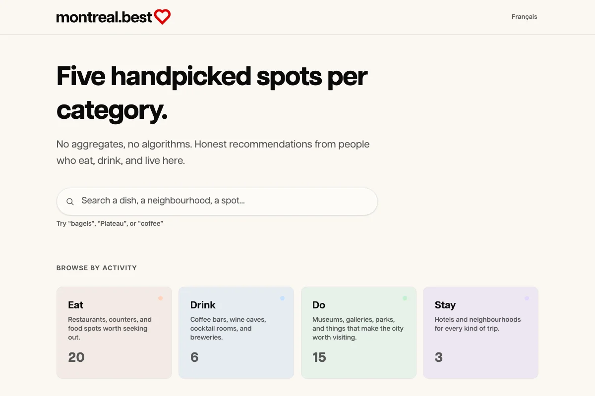 Warm cream city guide with a red heart logo, a search bar with suggestion chips, and four pastel activity cards for Eat, Drink, Do, and Stay