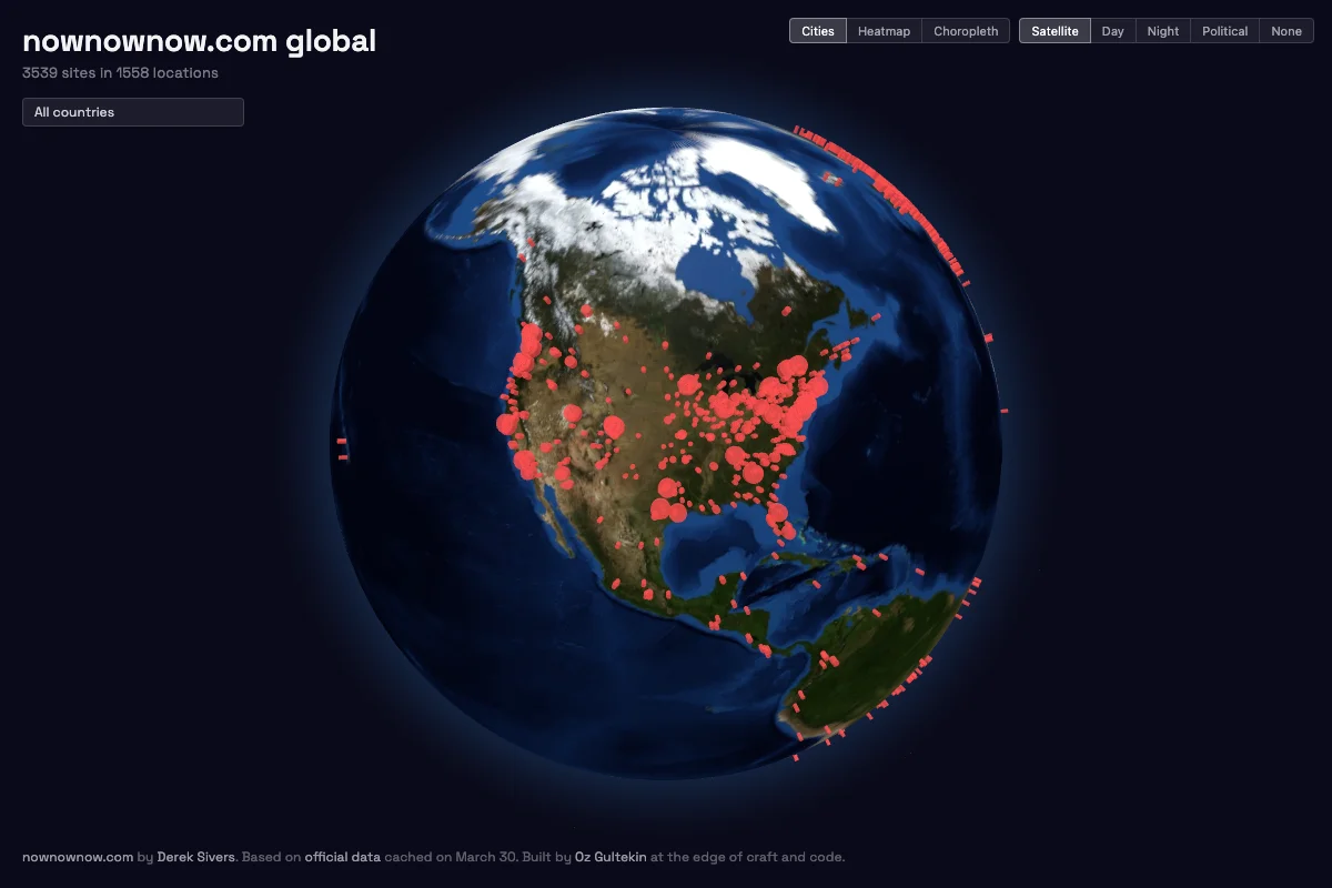 Interactive 3D globe on a dark background with red dots marking 3,539 now-page sites across 1,558 locations, and map style toggle buttons
