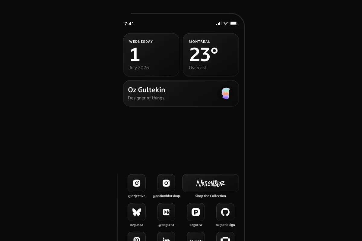Dark phone-frame interface with a status bar, date and weather widgets side by side, an Oz Gultekin hero card, and a grid of app-style icons below