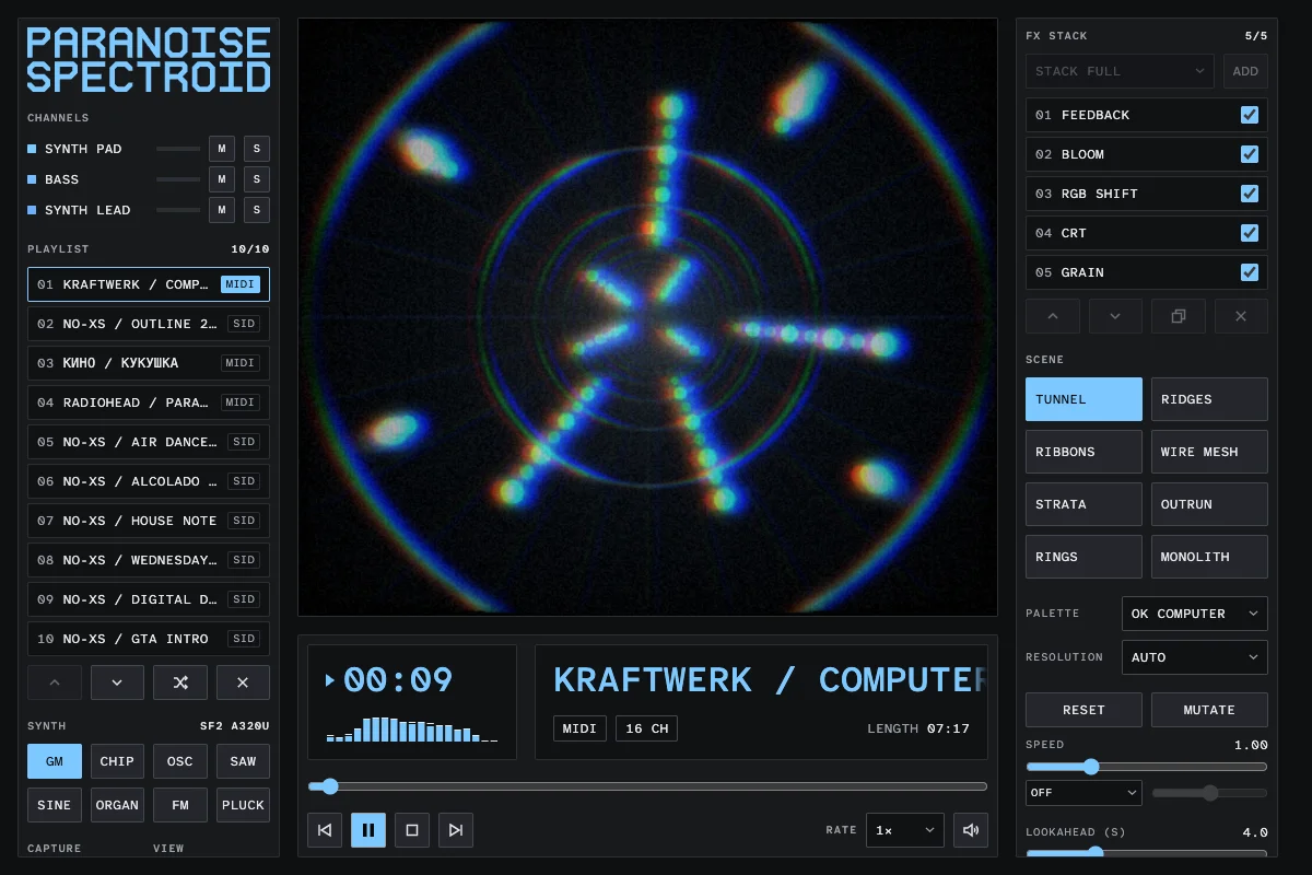 A dark three-column studio. In the centre, a blue tunnel of glowing notes with an RGB-shift fringe fills the viewer, above a Winamp-style player showing 00:09, a mini spectrum and KRAFTWERK / COMPUTER in large blue capitals. The left column has the PARANOISE SPECTROID logo, three channels, a ten-track playlist of Kraftwerk, Kino, Radiohead and No-XS tunes, and synth buttons. The right column lists five effects, eight scene buttons and the first parameter sliders.