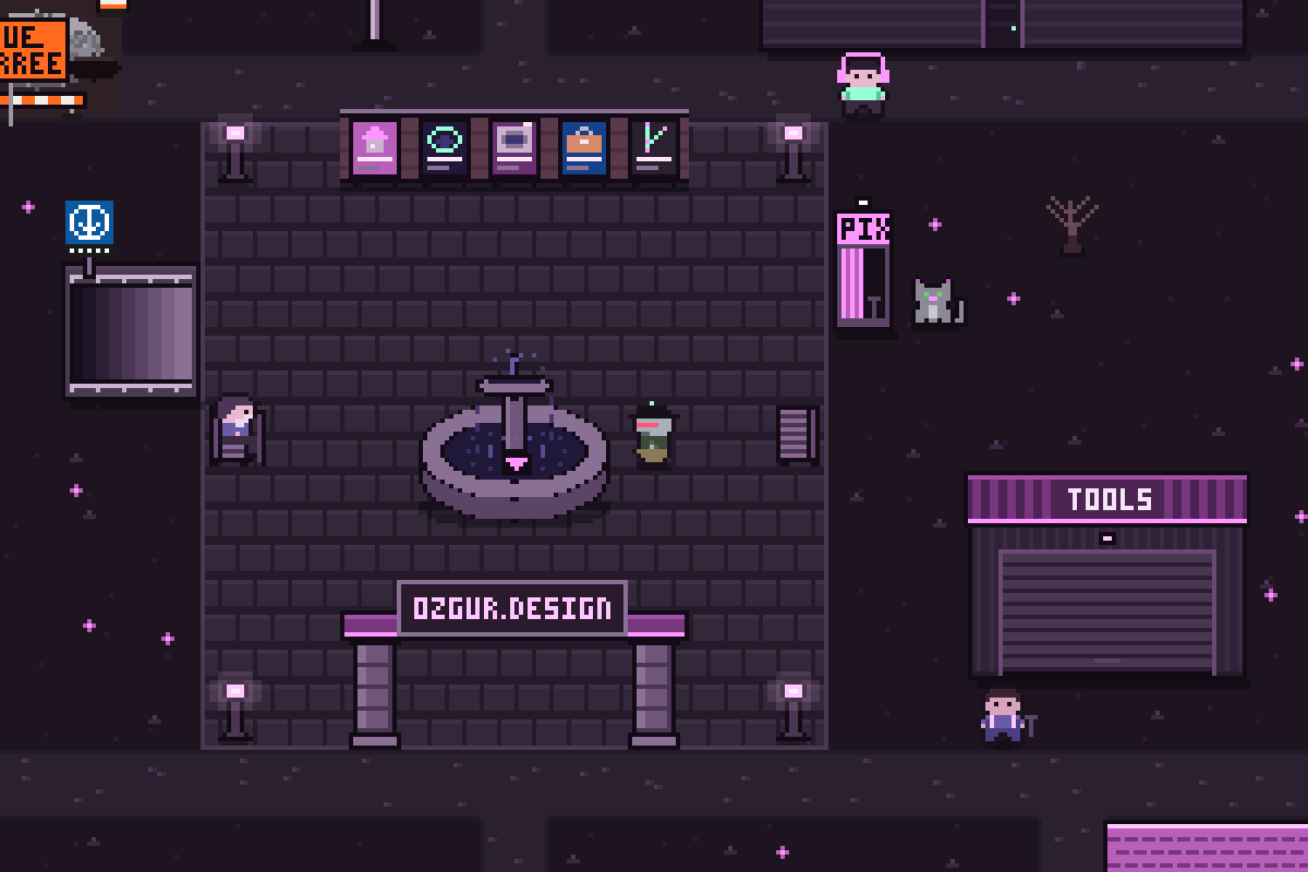 A pixel-art town at night. A character in a pork-pie hat with a red visor stands beside a stone fountain in a cobbled plaza under an OZGUR.DESIGN arch. Around the plaza are a row of posters, a pink photo booth with a grey cat beside it, an old man on a bench, a garage signed TOOLS and a mechanic by its door.