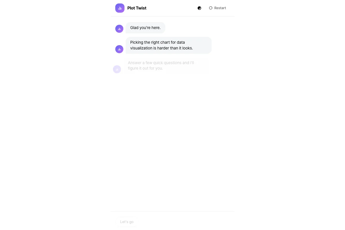 Chat-style interface with a purple chart icon, two introductory bot messages, a dark mode toggle, and a text input prompt at the bottom