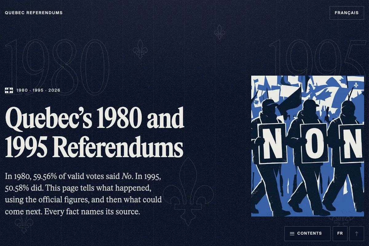 Dark navy page with faint outlined 1980 and 1995 numerals, the headline 'Quebec's 1980 and 1995 Referendums' in large serif type, an intro on the 59.56% and 50.58% No results, and a blue illustration of three marchers holding N, O, N placards