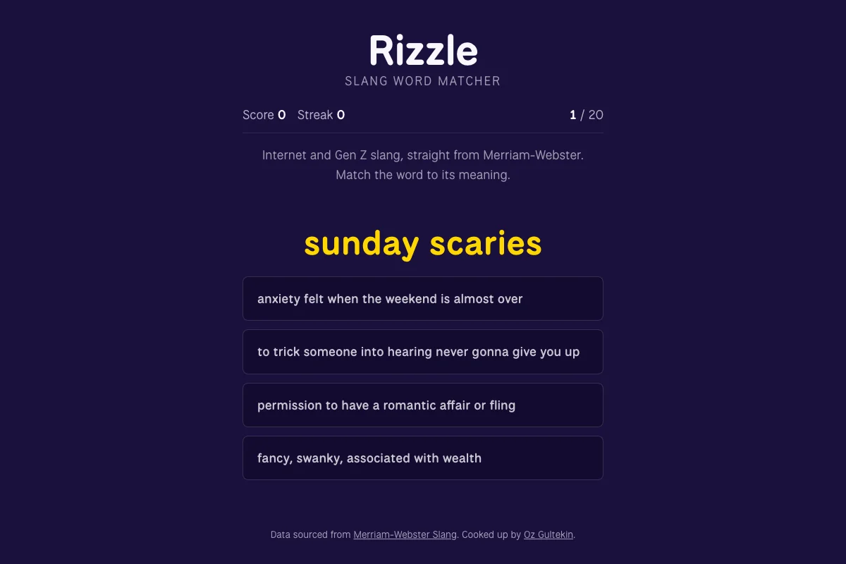 Dark navy quiz screen showing the slang term sunday scaries in large yellow text, with four multiple-choice answer buttons below