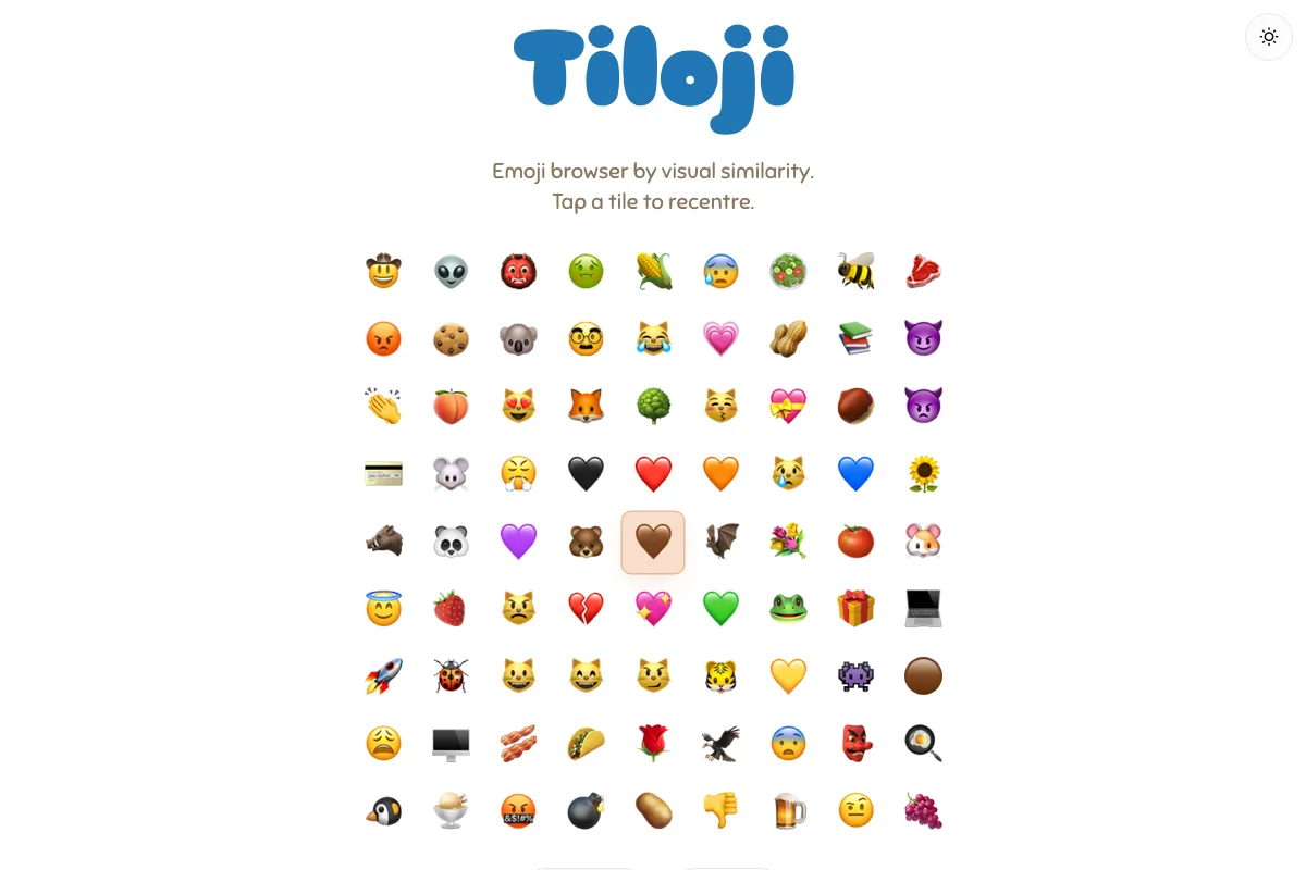 Dense grid of emoji arranged by visual similarity on a white background, with a brown heart highlighted in the centre