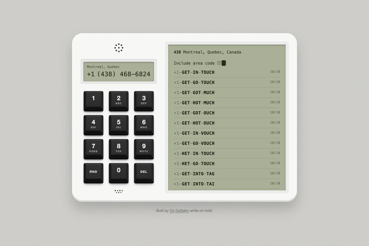 A white intercom on a grey background with a black keypad and a small olive LCD showing +1 (438) 468-6824, beside a larger olive screen listing readings such as +1-GET-IN-TOUCH