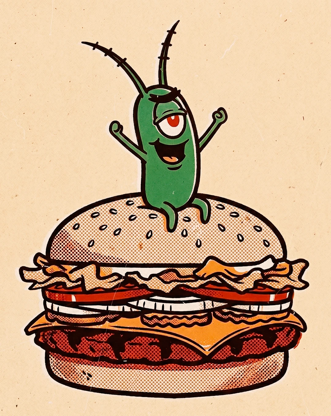 Cartoon illustration of Plankton from SpongeBob SquarePants with arms raised triumphantly standing on top of a Krabby Patty burger, rendered in orange and red tones with halftone dot shading against a textured orange background