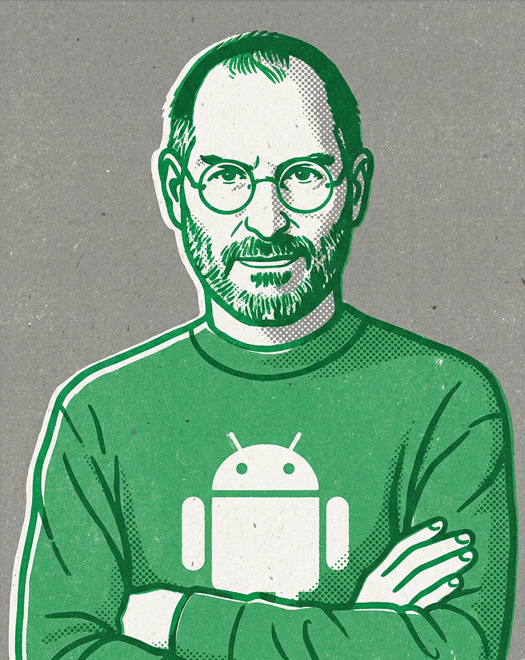 Screen print style portrait of Steve Jobs wearing round glasses and a beard, dressed in a green sweater with an Android robot logo, rendered in green and white with halftone dot shading against a gray textured background