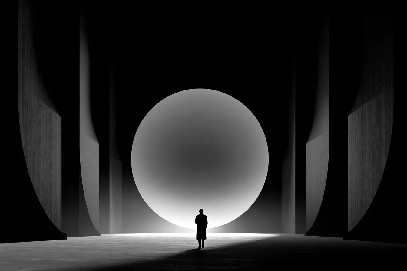 A lone silhouette standing before an enormous glowing sphere between towering dark pillars, bathed in soft white light against a black void.