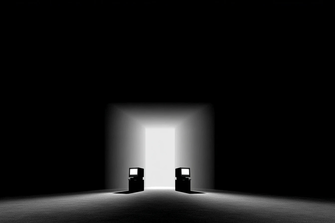 Two vintage CRT monitors face each other on pedestals before a glowing rectangular doorway in total darkness.
