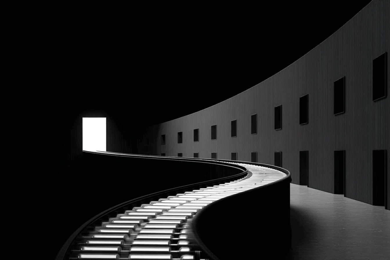 A curved illuminated conveyor belt winds through a dark circular building toward a bright rectangular exit.