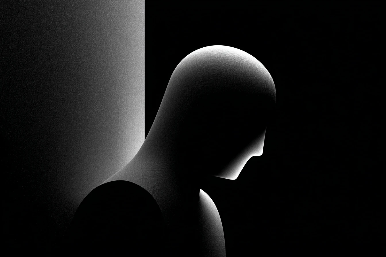 A smooth, faceless figure bows its head in profile, backlit against a soft gradient wall, steeped in shadow.