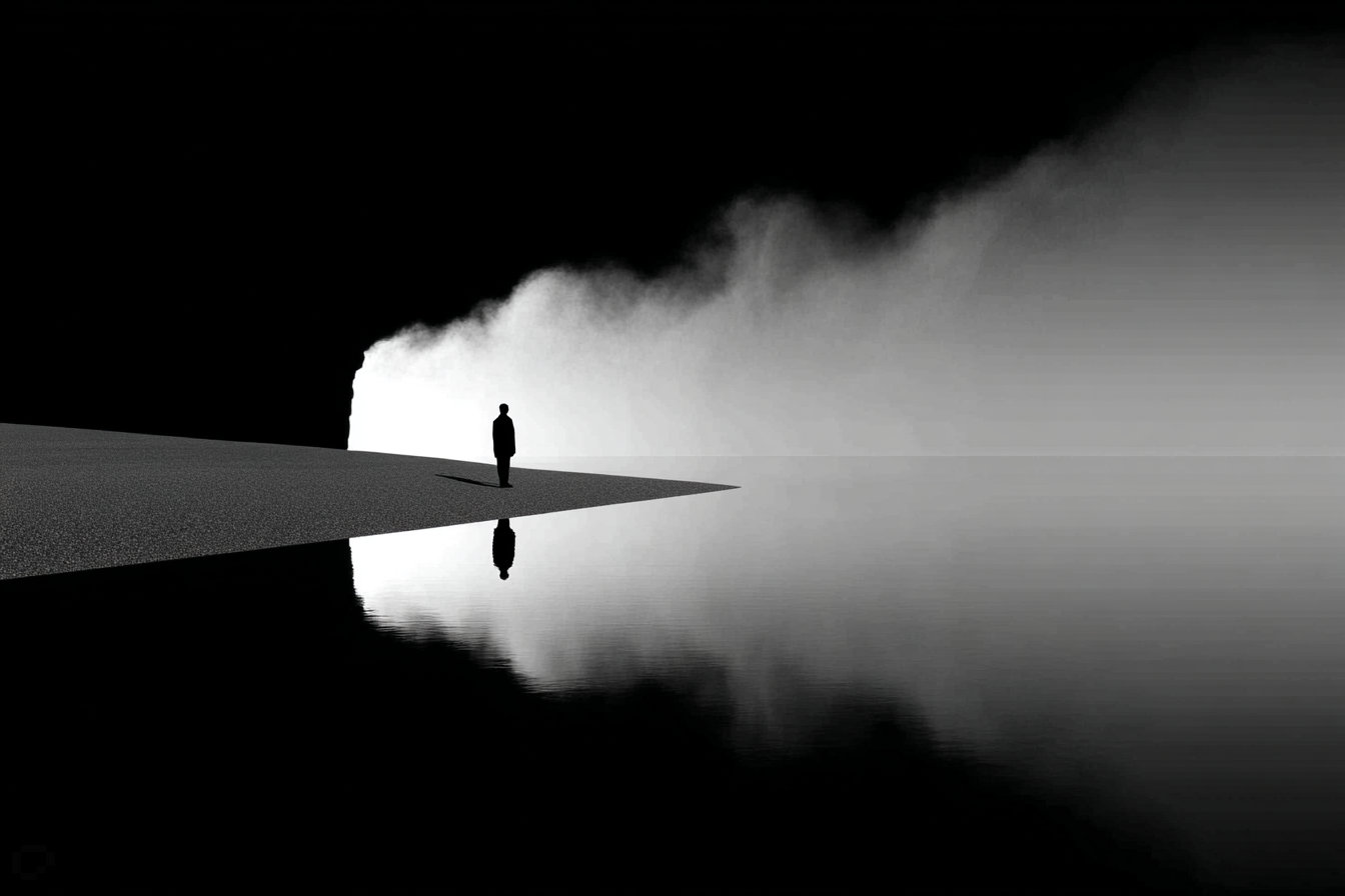 A lone silhouette stands at the edge of a narrow platform above still water, facing a billowing white mist.