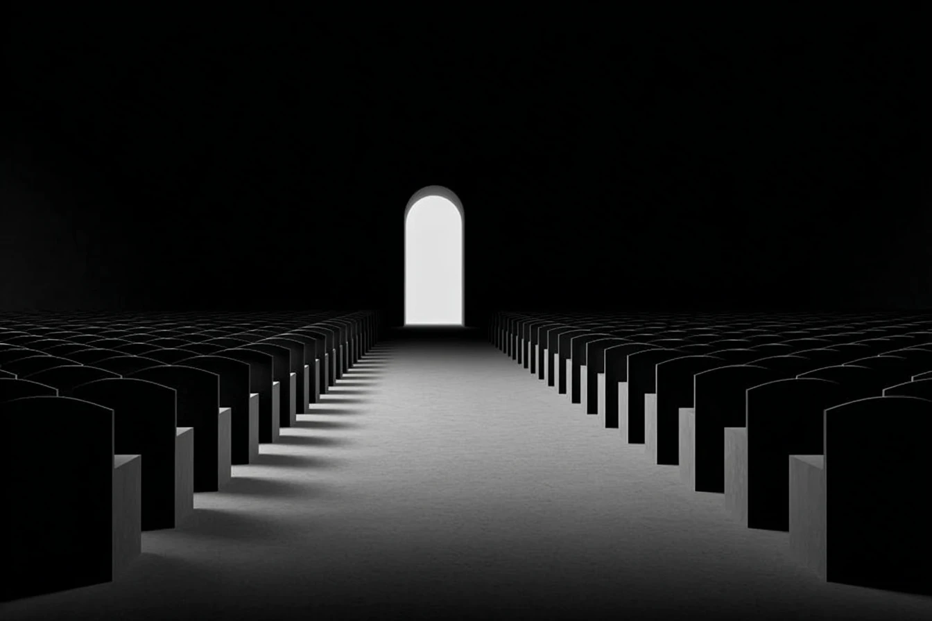 An empty auditorium viewed from the back, rows of dark seats extending toward a glowing arched doorway at the far end.