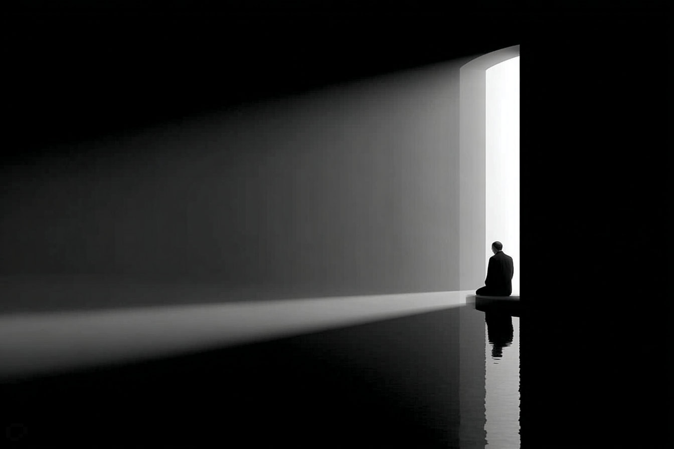A solitary figure sits on a ledge beside still water, facing a tall luminous doorway flooding a dark room with light.