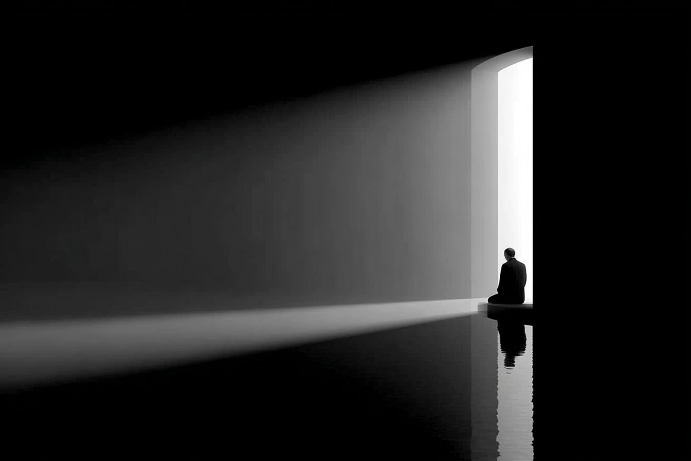 A solitary figure sits on a ledge beside still water, facing a tall luminous doorway flooding a dark room with light.