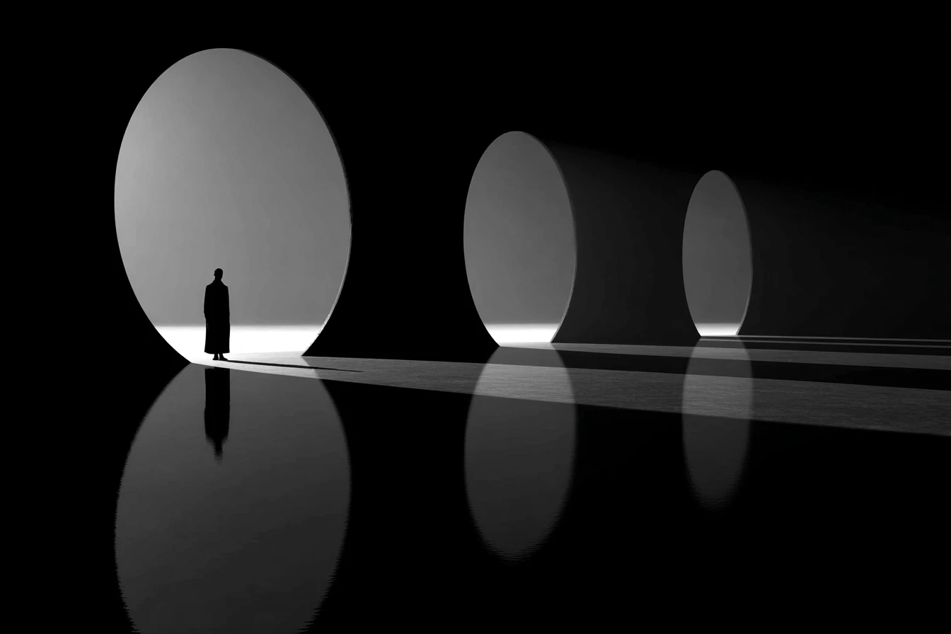 A cloaked silhouette stands at the top of lit stone stairs before a narrow luminous opening in a dark wall.