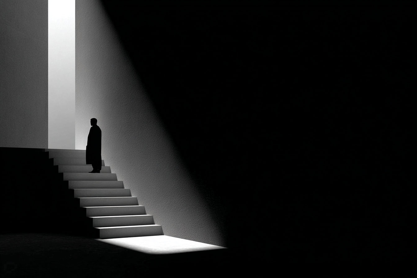 Three rounded ghost-like figurines with hollow eyes huddle in a dark corner beside a tall sliver of light.