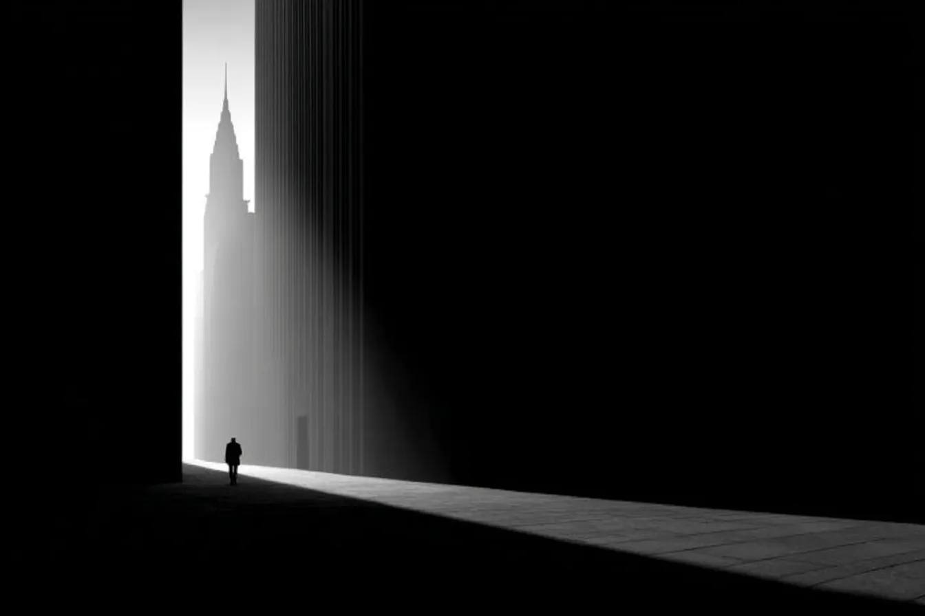 A lone figure silhouetted against a sliver of bright light between massive dark columns, with a spired skyscraper faintly visible in the haze beyond.