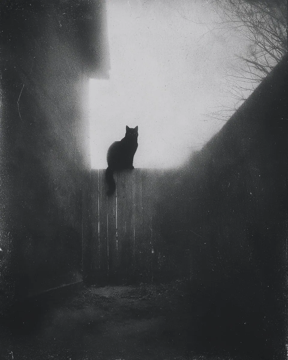 A black cat sits on a wooden fence in a dark alley under a pale sky.