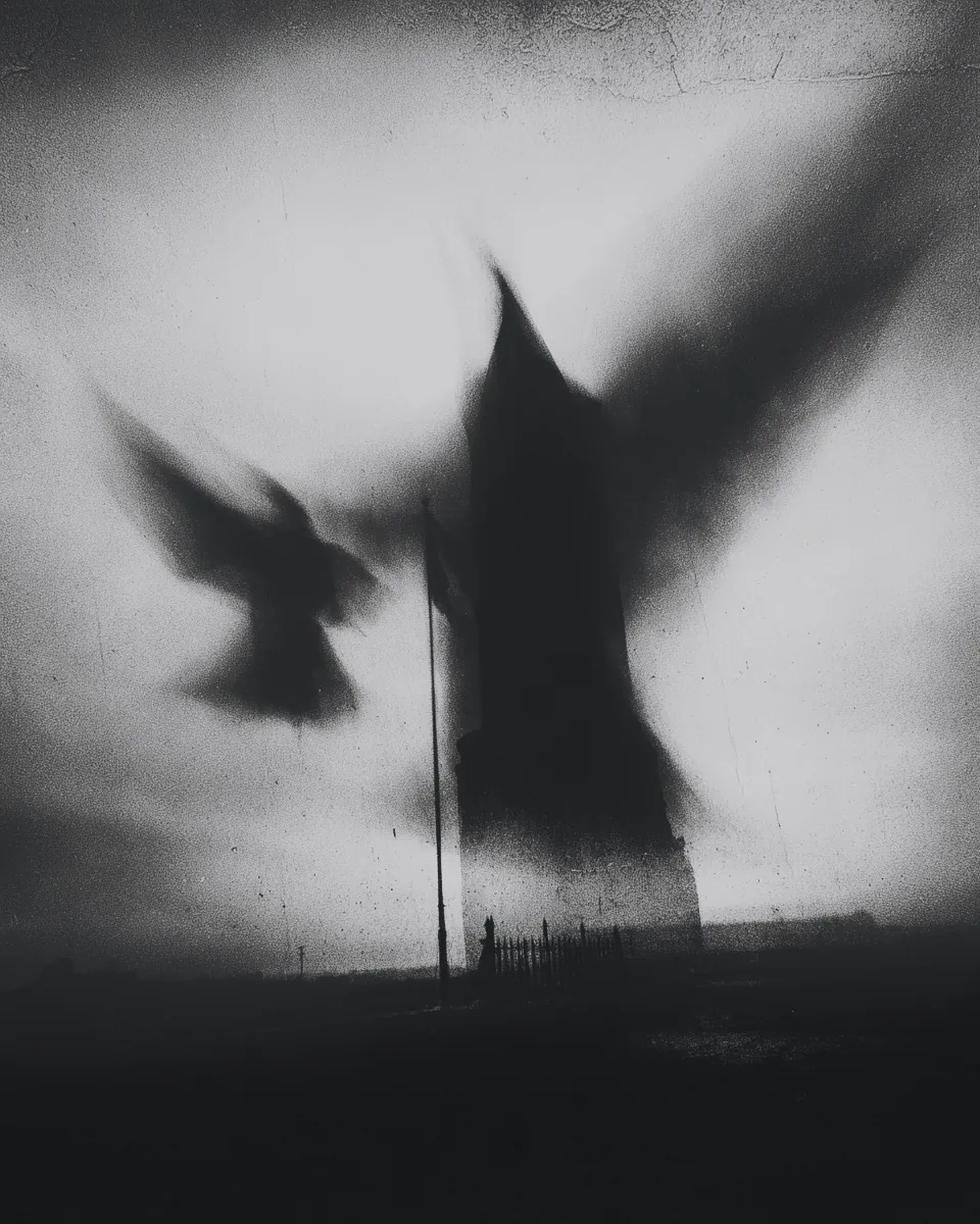 A dark spire rises against a bright sky as blurred black birds sweep across it.