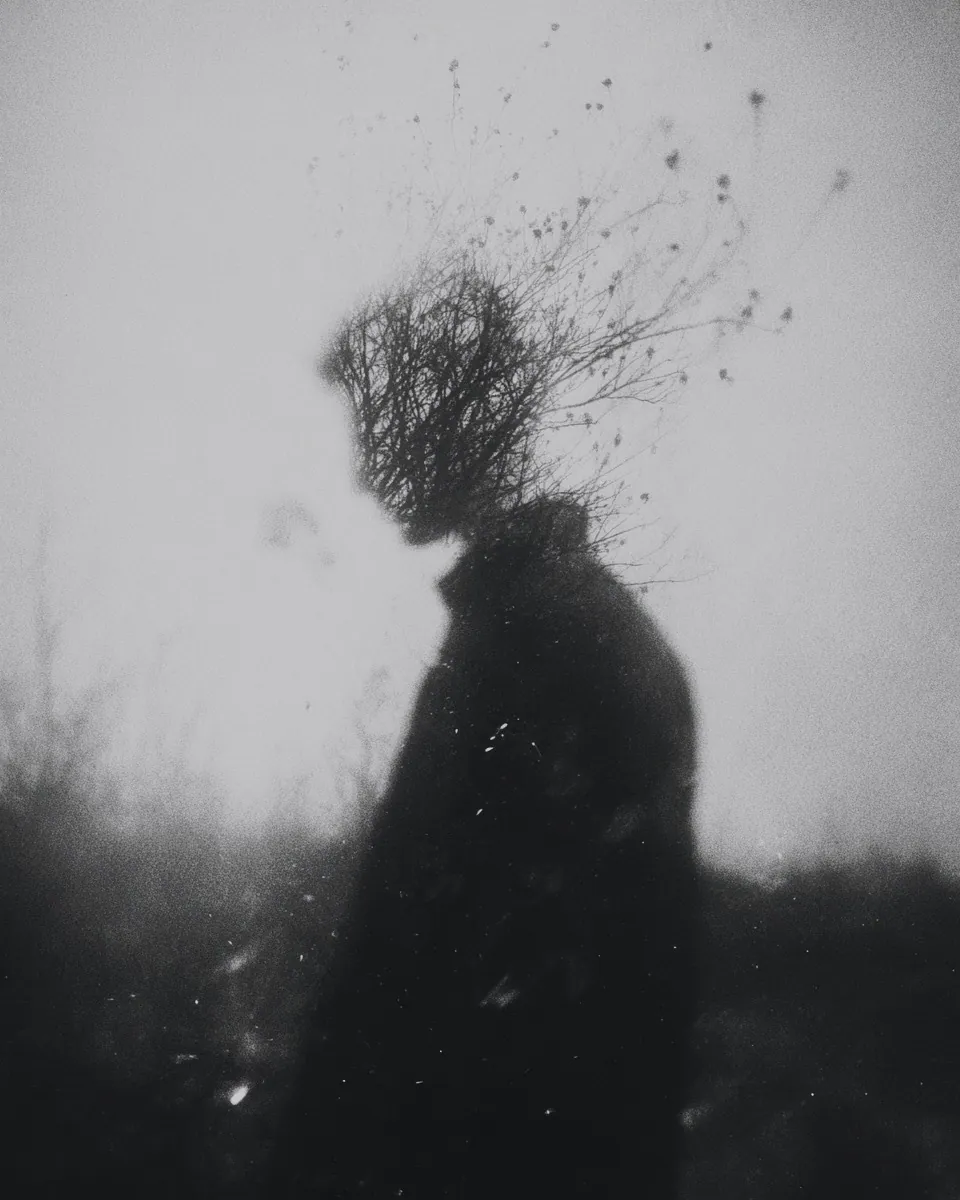 A figure in a dark coat whose head becomes a tangle of bare branches.