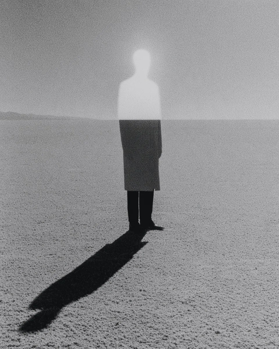 A man in a long coat stands on sand casting a long shadow, his head and shoulders glowing white.