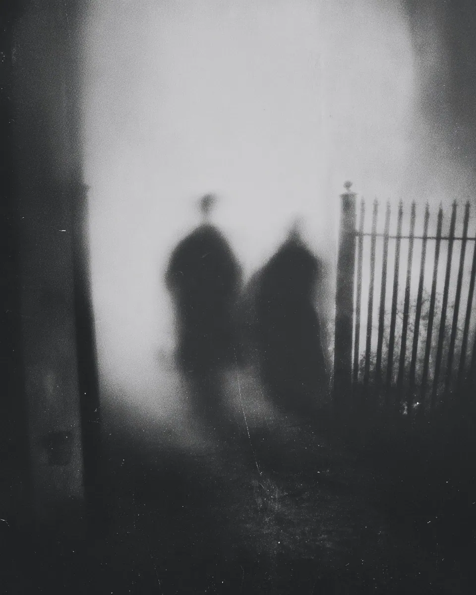 Two blurred figures stand in the fog beside an iron gate.