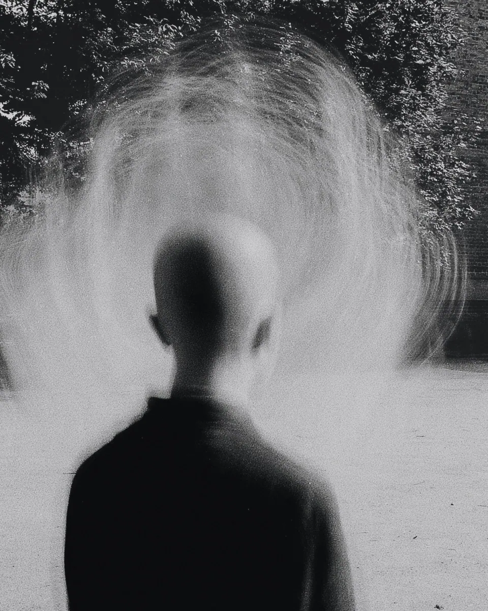 A bald child seen from behind stands before a blur of swirling, ring-shaped motion.