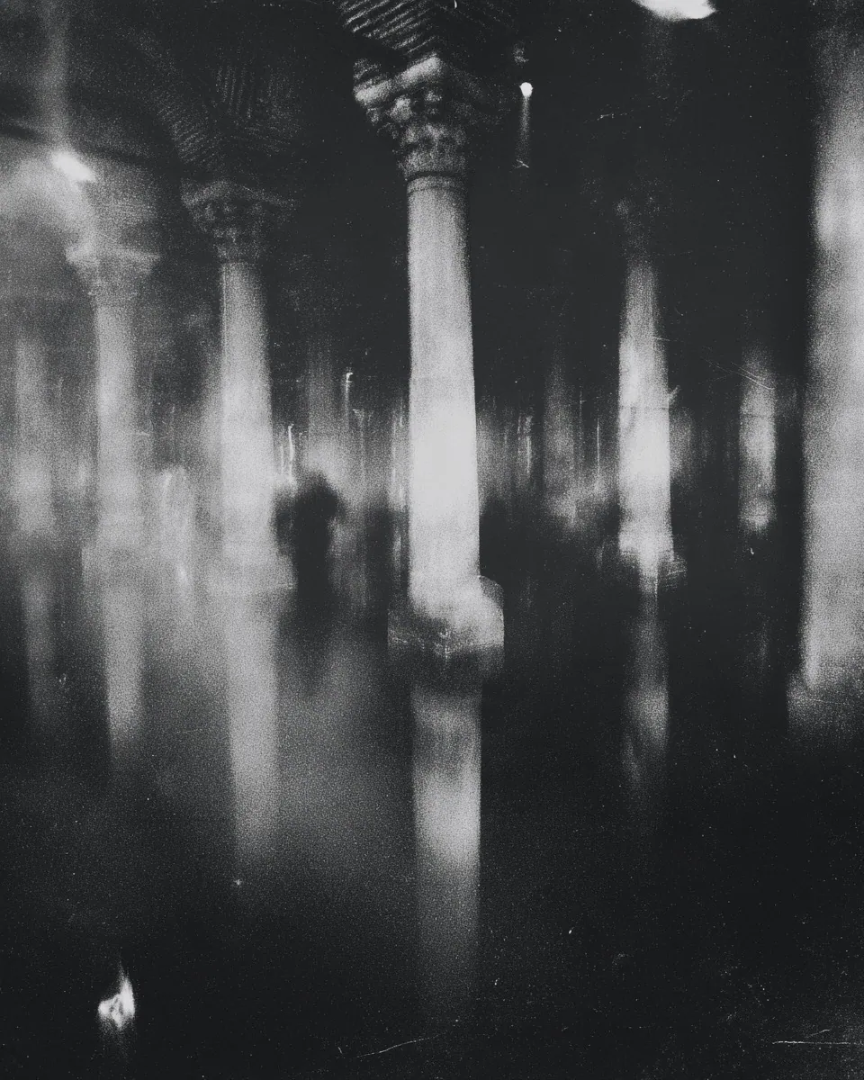 A shadowy figure walks between tall columns in a dim, flooded hall that reflects the light.