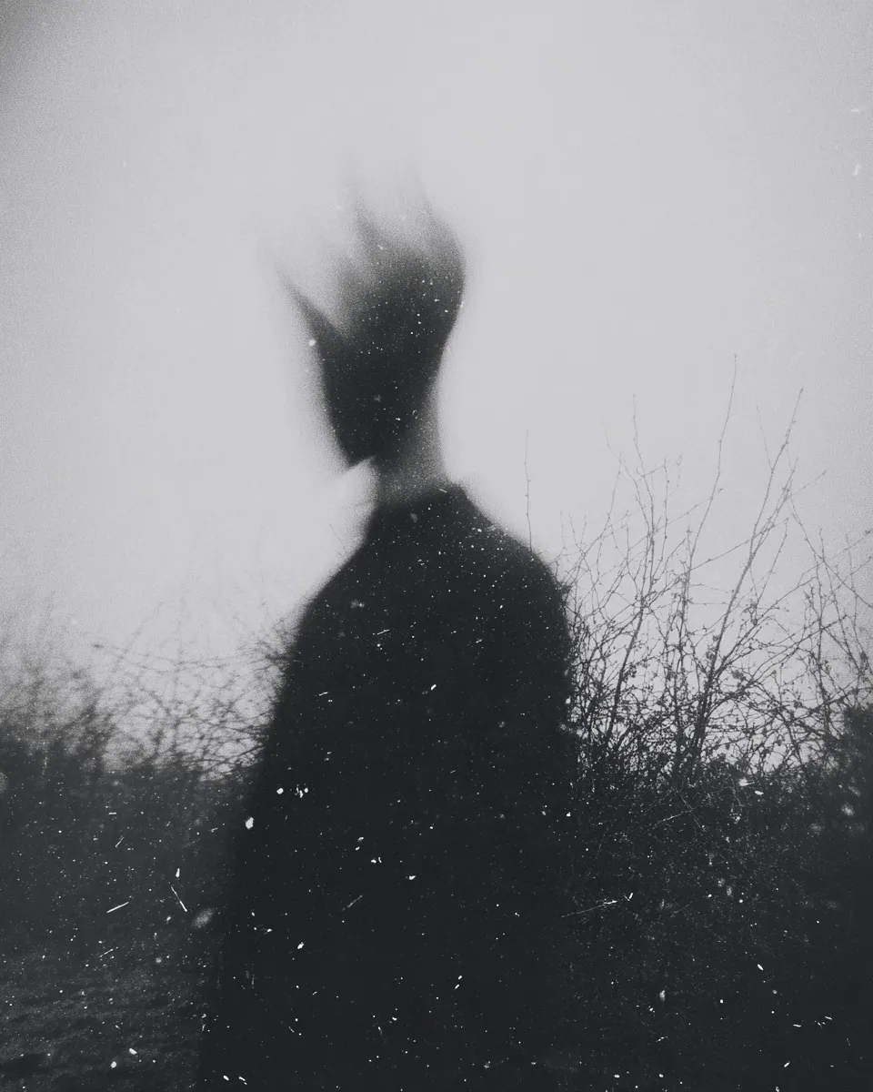 A figure seen from behind in a field of bare shrubs, the top of the head bursting into dark, spiky motion.