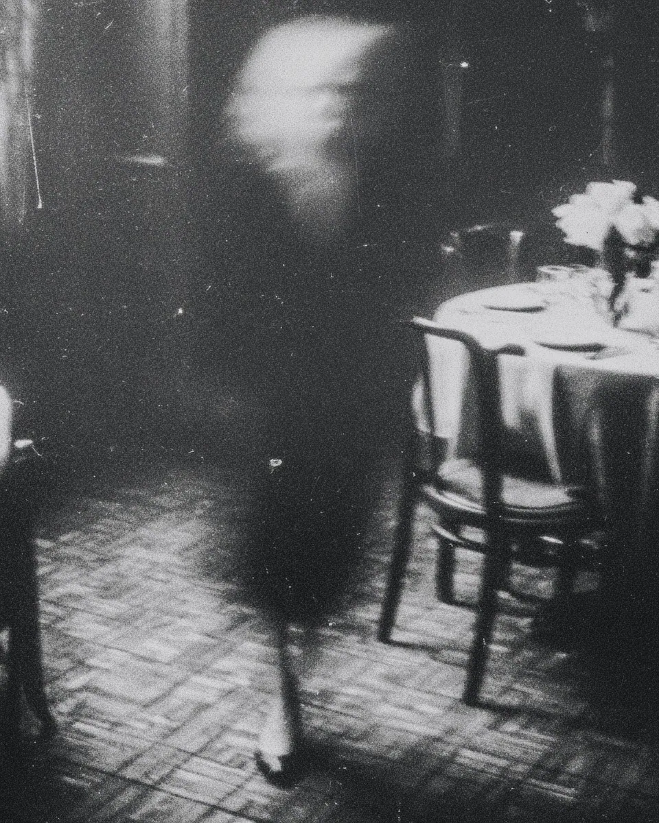 A blurred figure walks across a patterned floor past a set dining table with flowers.