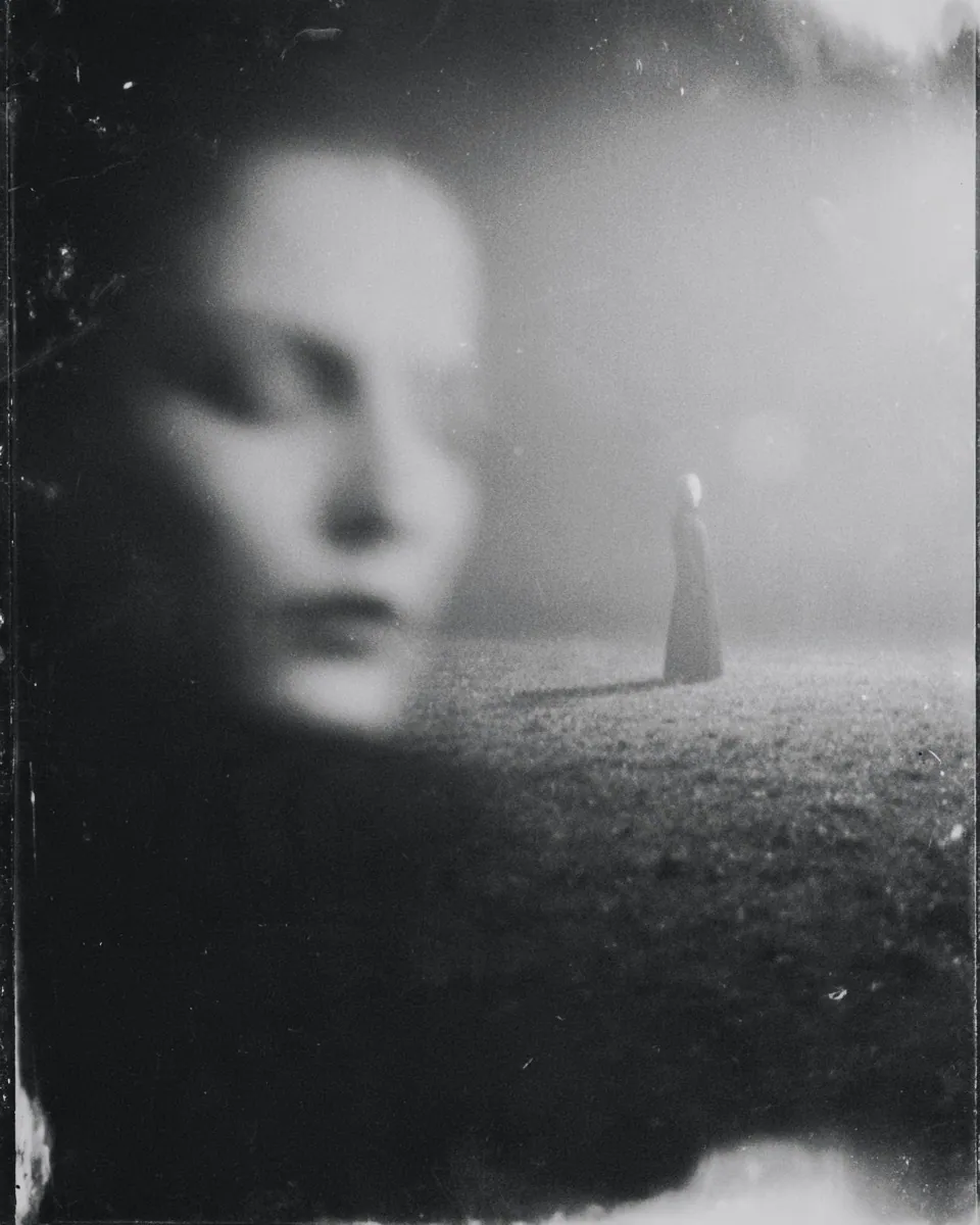 A woman's blurred face fills the left side while a small figure in a long dress stands in a distant field.