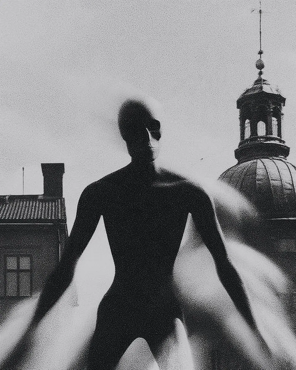 A dark humanoid silhouette spreads its arms in front of a domed tower and rooftops.