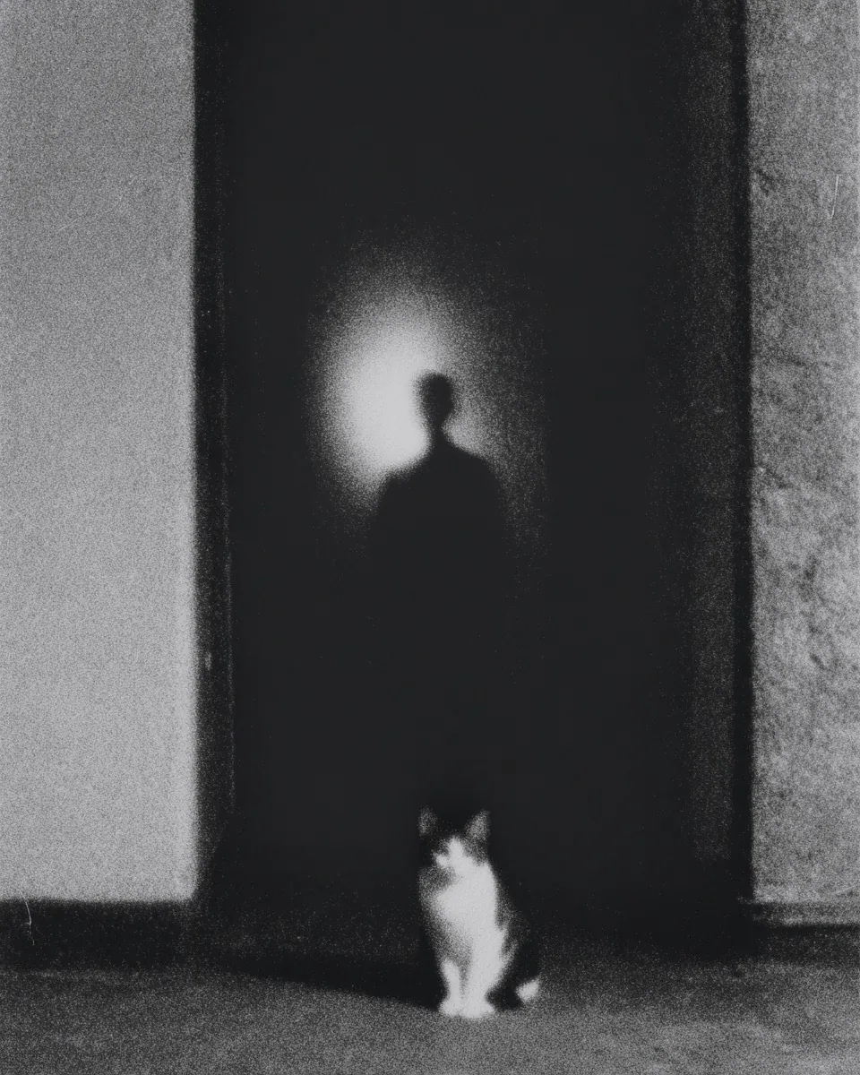 A shadowy figure stands in a dark doorway with a soft glow behind its head, a black and white cat sitting in front.