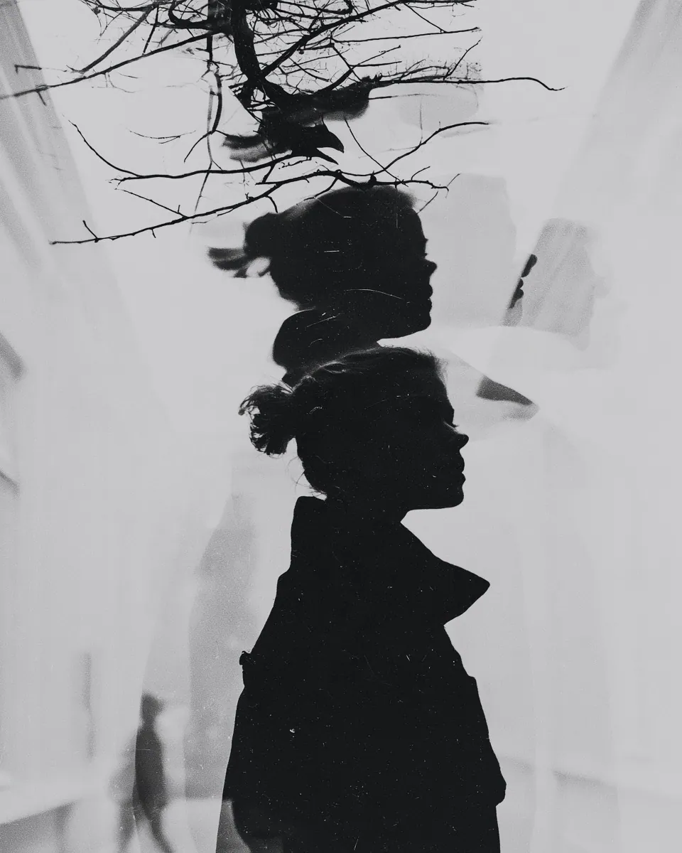 Overlapping silhouettes of a woman's profile under bare branches, a small figure walking below.