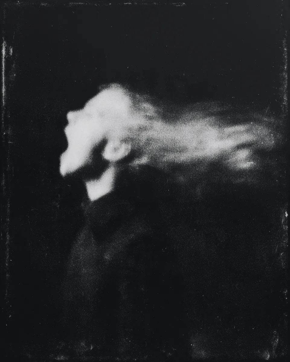 A man tilts his head back, his face and hair dissolving into streaks of white motion against darkness.